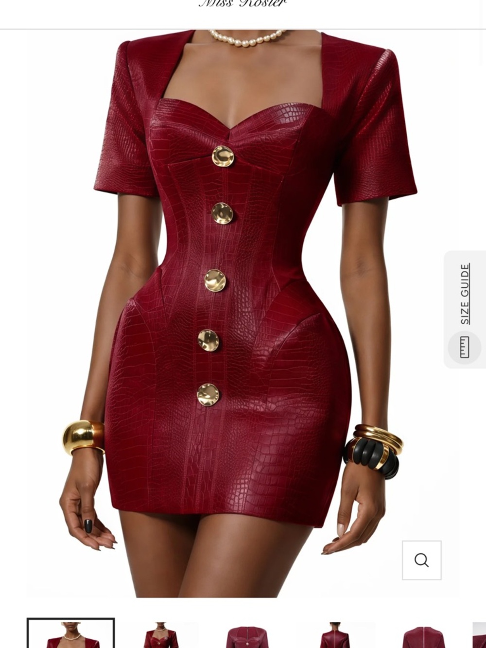 Structured Burgundy Faux-Croc Mini Dress with Gold Buttons